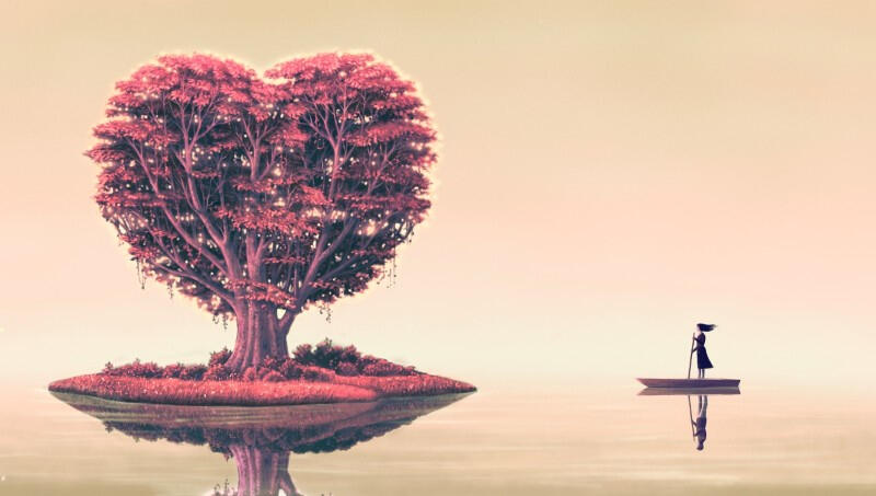 Woman Sailing toward Heart Tree
